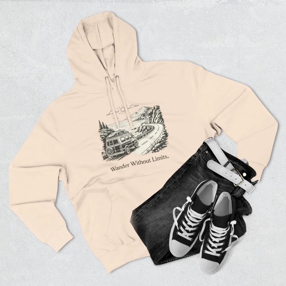 Three-Panel Fleece Hoodie - "Wander Without Limits" Design Minimal-Line