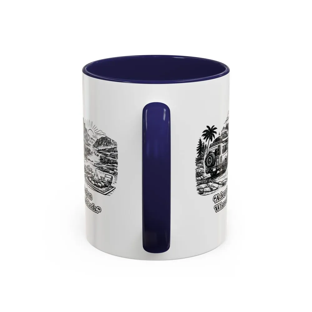 5099871203760614640_2048.jpeg Accent Coffee Mug (11, 15oz) — "Adventure Begins Where The Road Ends" Design Minimal-Line