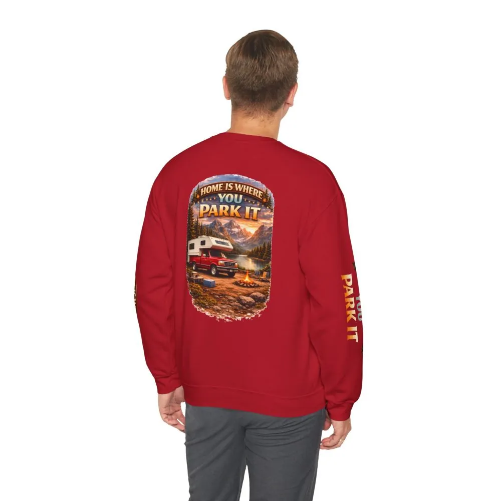 Unisex Heavy Blend™ Crewneck Sweatshirt — "Home Is Where You Park It" Design Scenic-Line