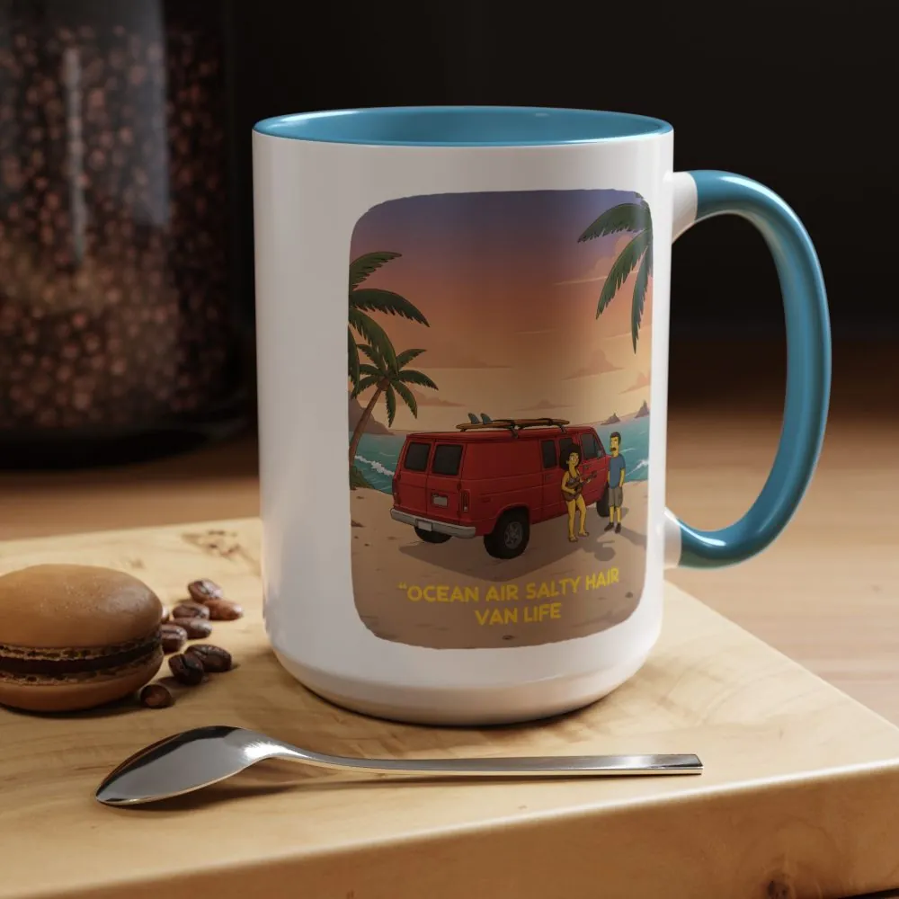Accent Coffee Mug (11, 15oz) — "Ocean Air Salty Hair Van Life" Design Sitcom-Line