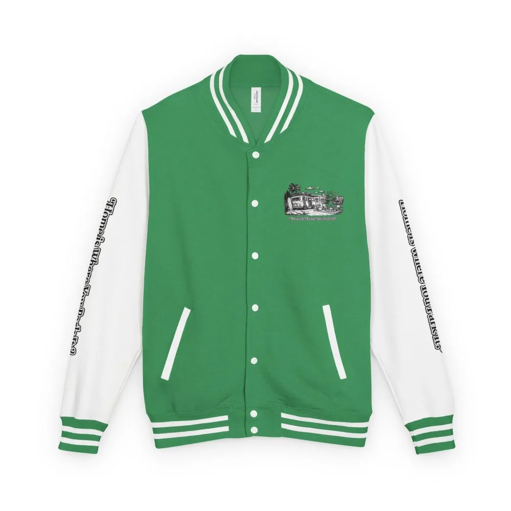5147773148697603891_2048.jpeg Unisex Heavyweight Letterman Jacket — "Home Is Where You Park It" Travel Varsity Coat