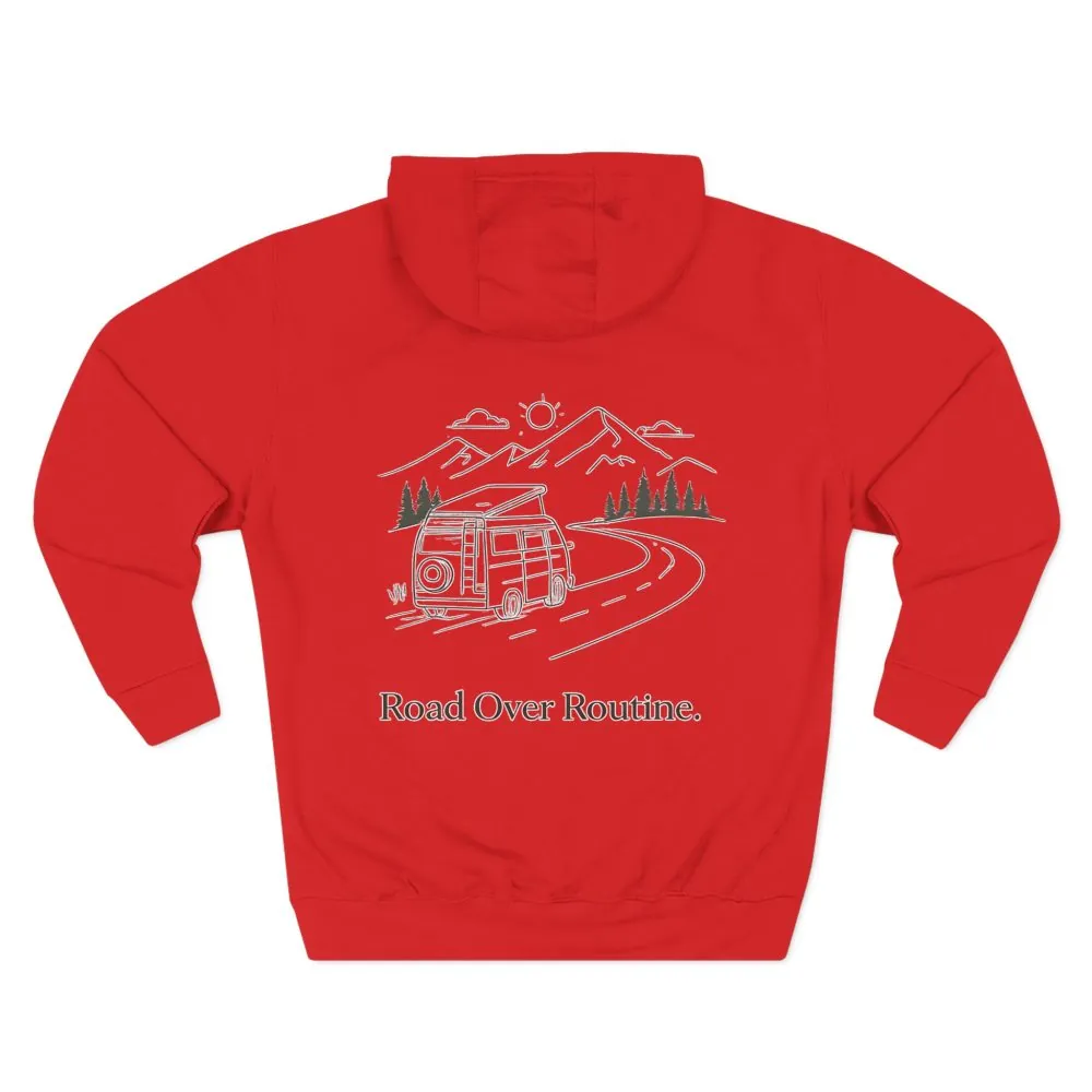 Three-Panel Fleece Hoodie - "Road Over Routine" Design Minimal-Line