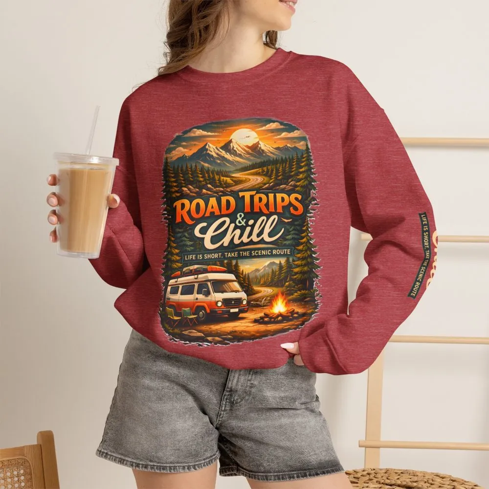 Unisex Heavy Blend™ Crewneck Sweatshirt — "Road Trips & Chill" Design Scenic-Line