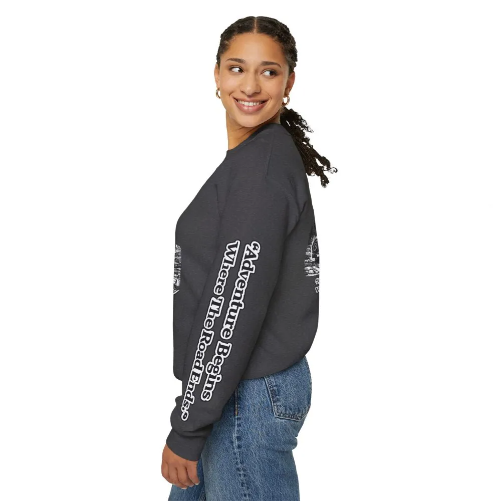 518357501101107909_2048.jpeg Unisex Heavy Blend™ Crewneck Sweatshirt — "Adventure Begins Where The Road Ends" Design Minimal-Line