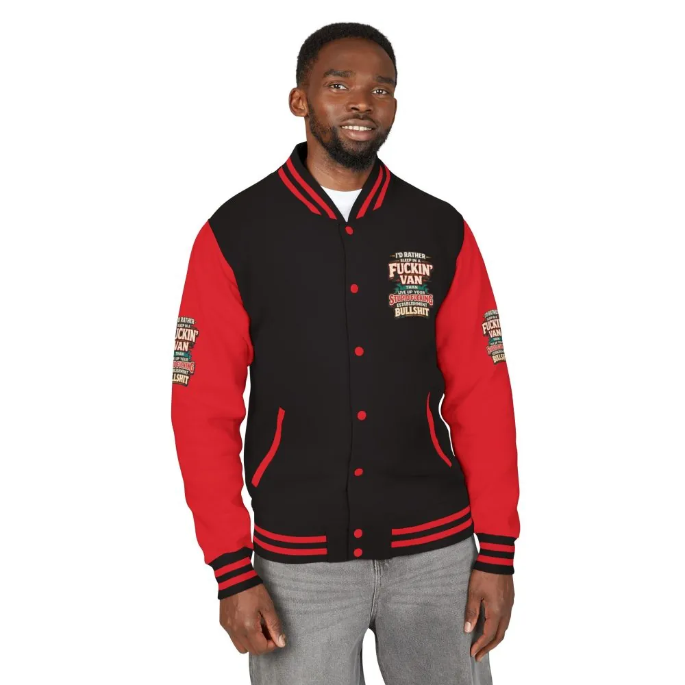 518447285337166639_2048.jpeg Unisex Heavyweight Letterman Jacket — "I´d Rather Sleep in A Fucking Van" Design F**K-Line