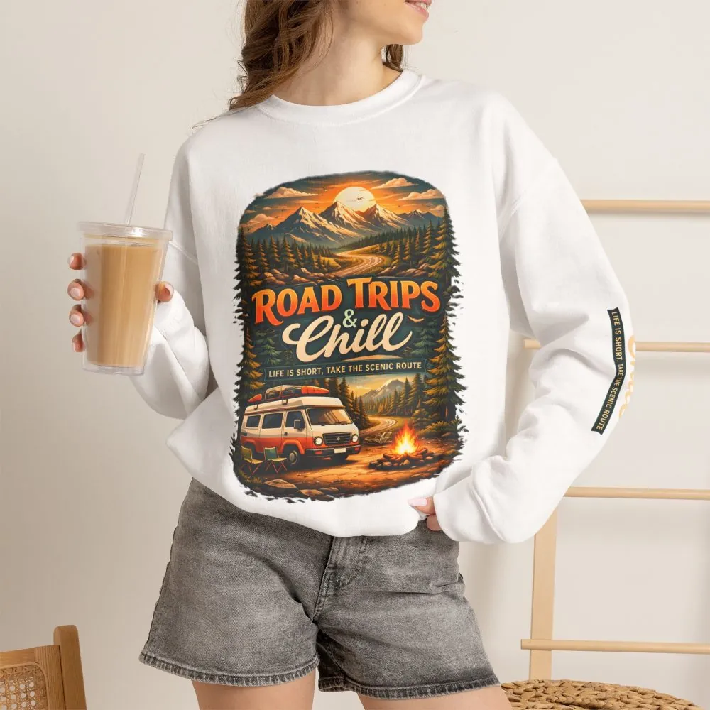 Unisex Heavy Blend™ Crewneck Sweatshirt — "Road Trips & Chill" Design Scenic-Line