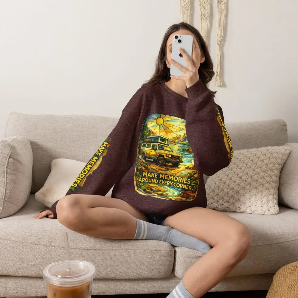 Unisex Heavy Blend™ Crewneck Sweatshirt — "Make Memories Around Every Corner" Design Cubic-Line