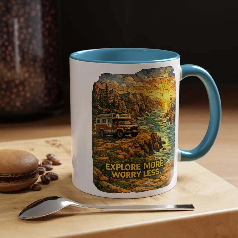 Accent Coffee Mug (11, 15oz) — "Explore More Worry Less" Design Cubic-Line
