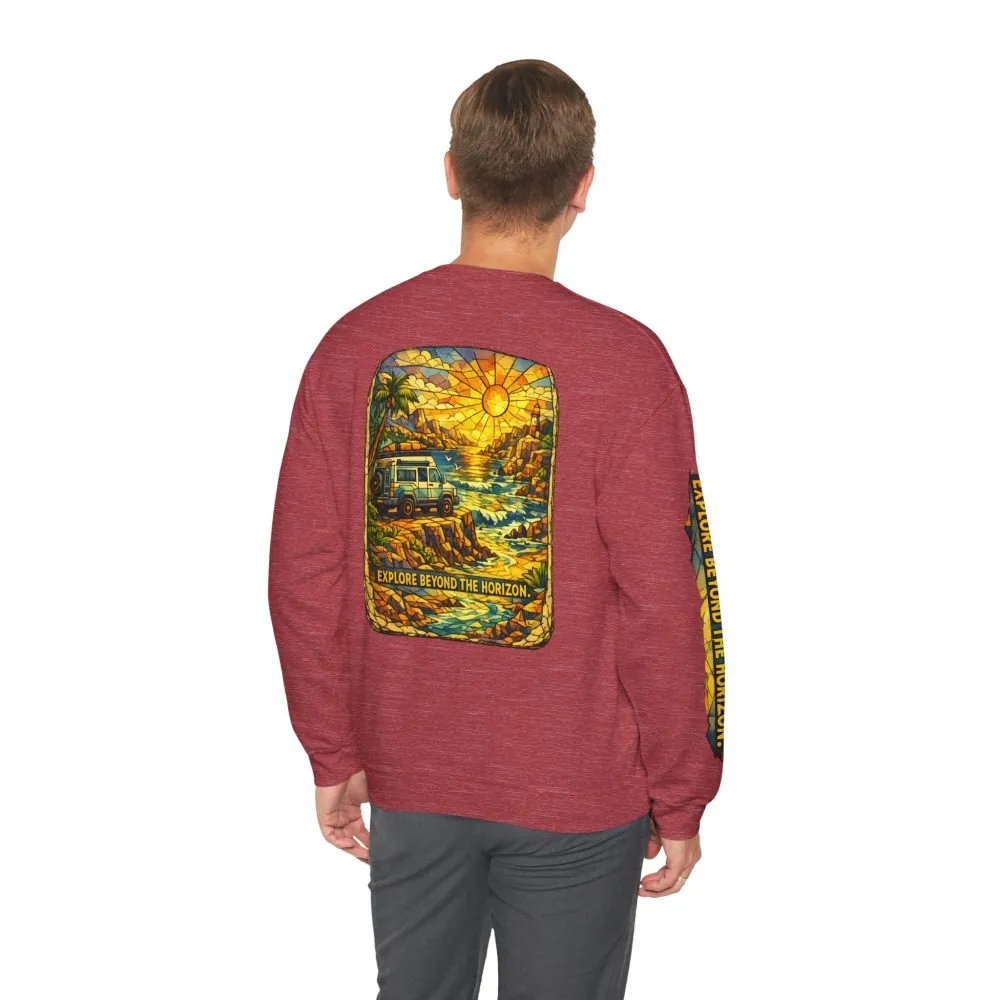 Unisex Heavy Blend™ Crewneck Sweatshirt — "Explore Beyond The Horizon" Design Cubic-Line
