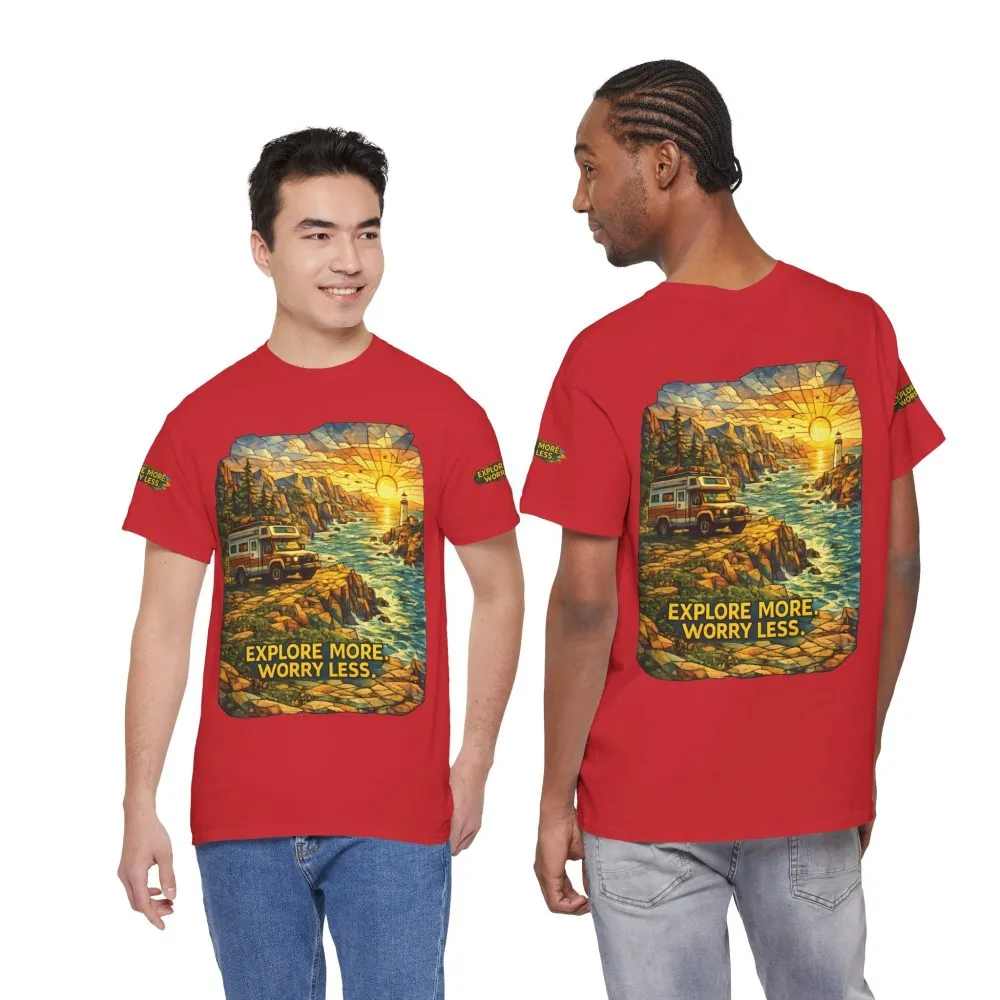 52733996262626356_2048.jpeg Unisex Heavy Cotton Tee — "Explore More Worry Less" Design Cubic-Line