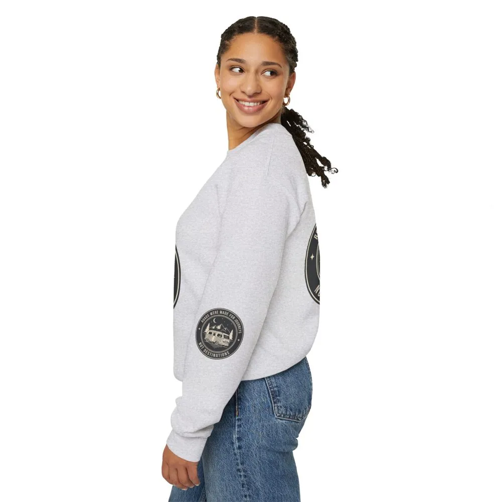 5283928993080580414_2048.jpeg Crewneck Sweatshirt — "ROAD WHERE MADE FOR JOURNEYS-NOT DESTINATIONS" (Font + Back + Sleaves printed) Vintage Camper Van Outdoor Graphic