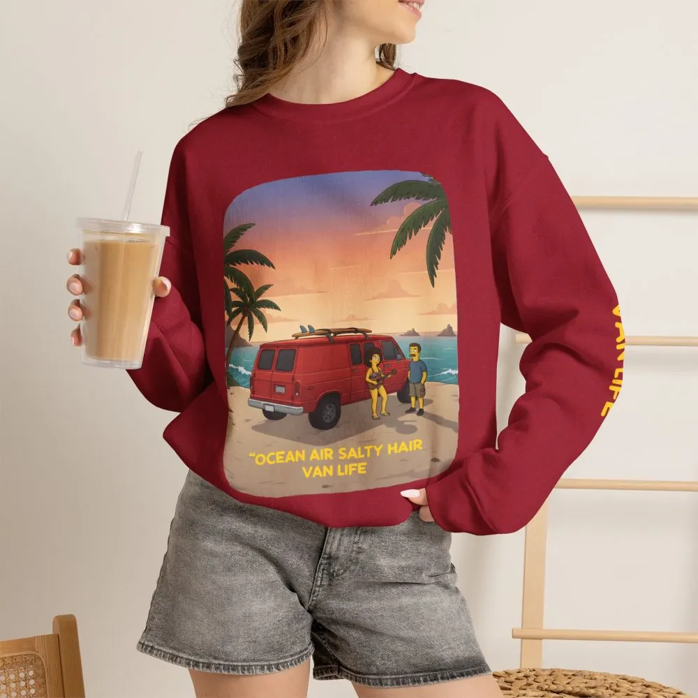 Unisex Heavy Blend™ Crewneck Sweatshirt — "Ocean Air Salty Hair Van Life" Design Sitcom-Line