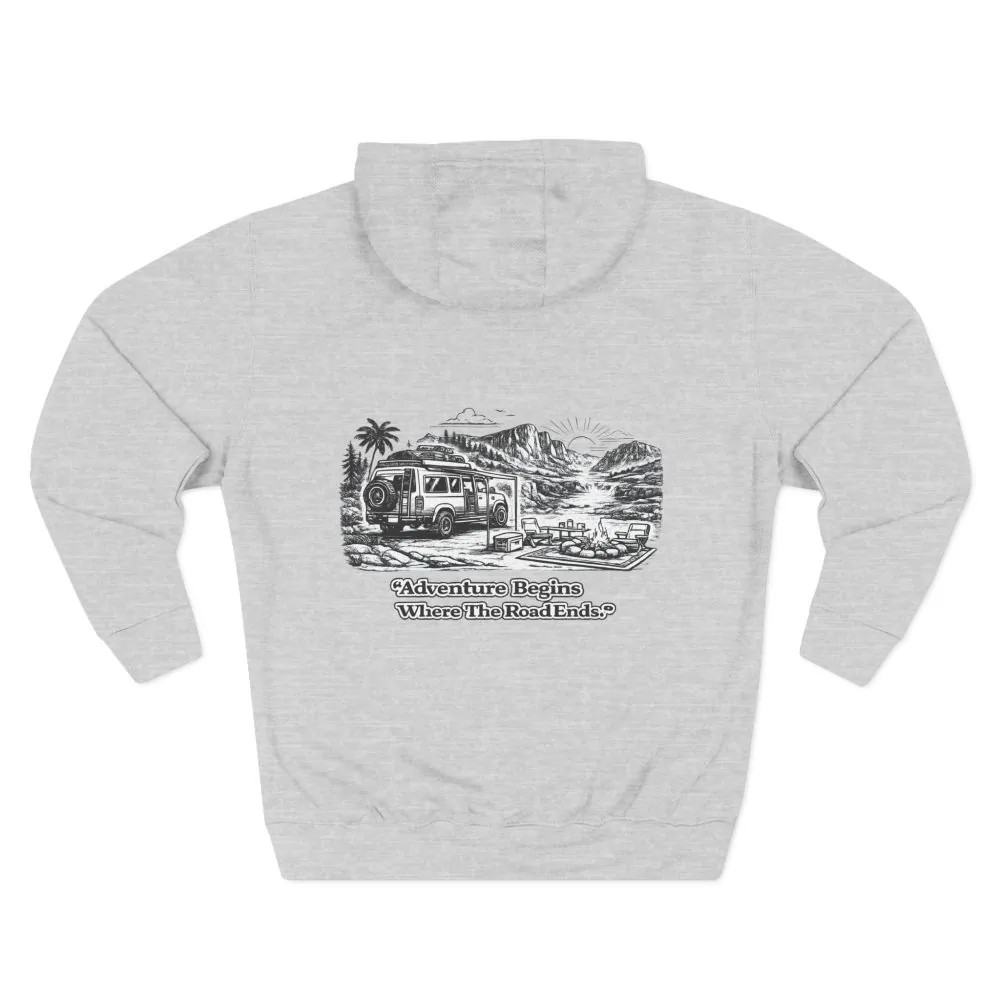 5312099120110142461_2048.jpeg Three-Panel Fleece Hoodie - "Adventure Begins Where The Road Ends" Design Minimal-Line