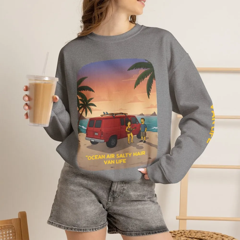 Unisex Heavy Blend™ Crewneck Sweatshirt — "Ocean Air Salty Hair Van Life" Design Sitcom-Line