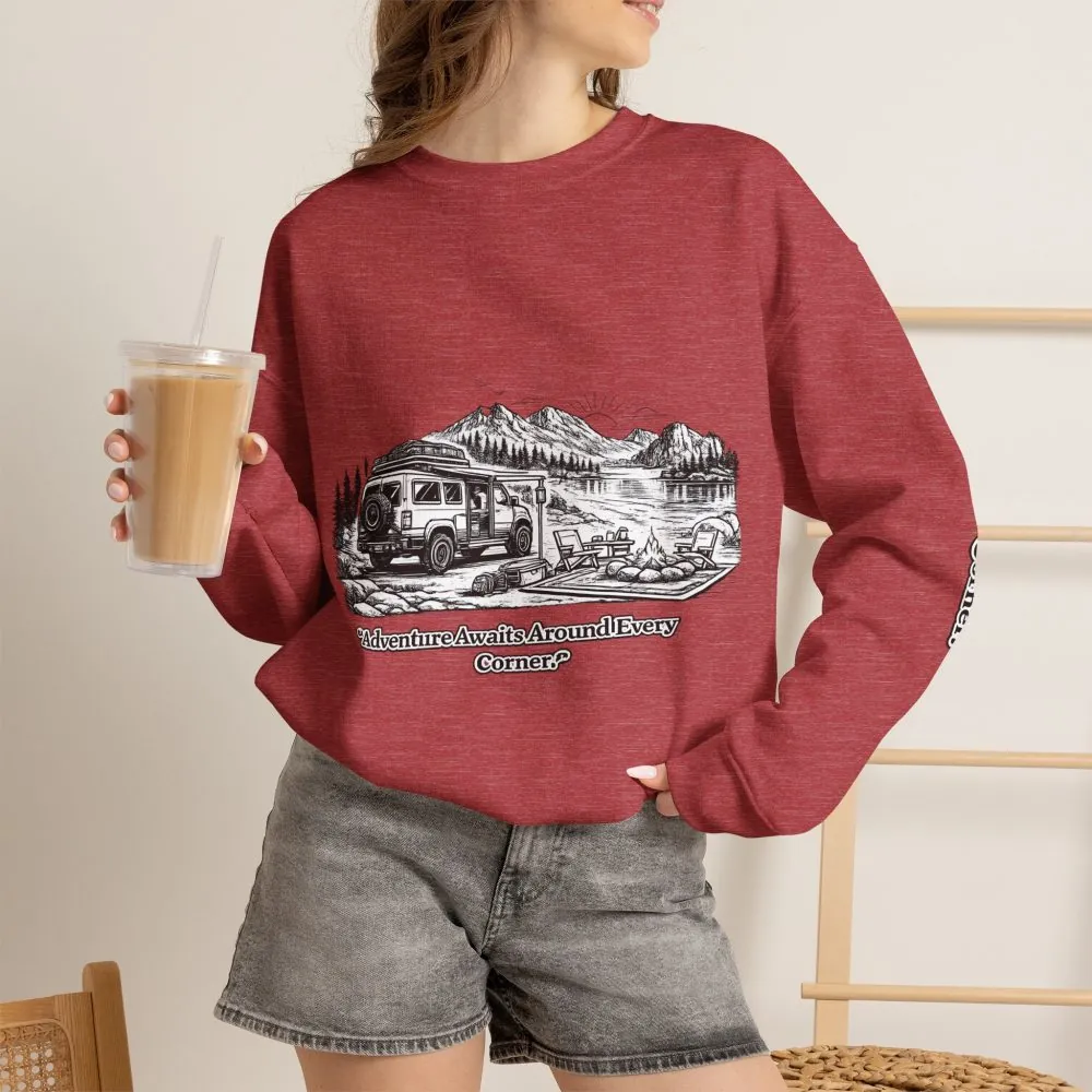 538032372936268032_2048.jpeg Unisex Heavy Blend™ Crewneck Sweatshirt — "Adventure Awaits Around Every Corner" Design Minimal-Line