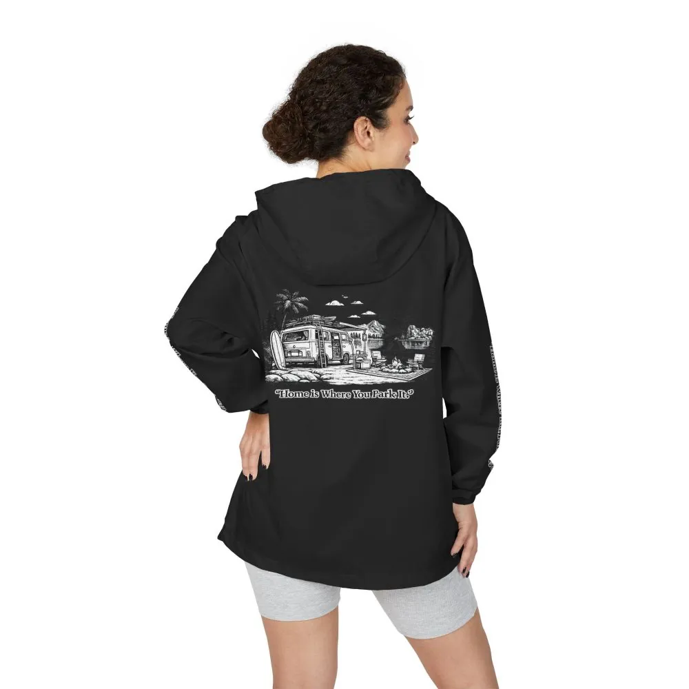 Unisex Full-Zip Windbreaker Jacket — "Home Is Where You Park It" (Design "Minimal-Line")