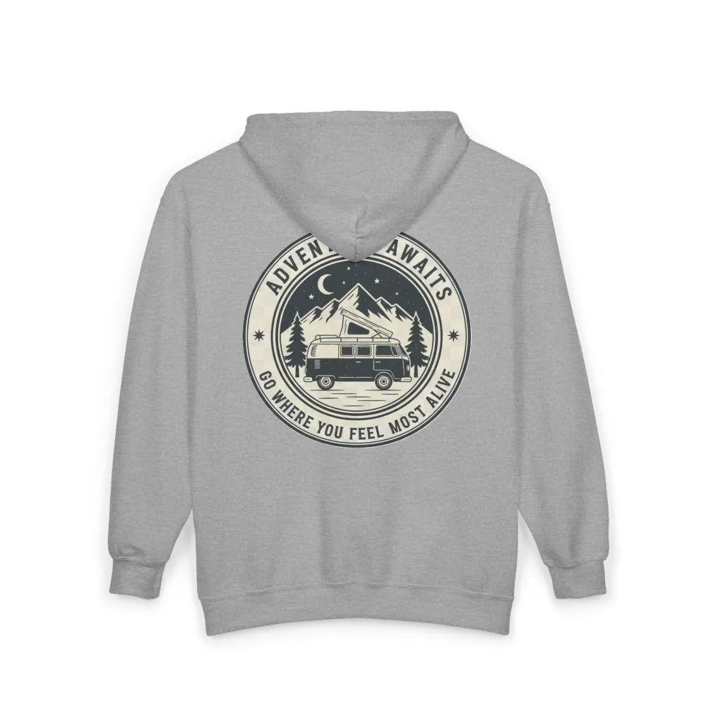 5452971997591886057_2048.jpeg Zip Hoodie — "Adventure Awaits-Go Where You Feel Most Alive" (Only Back Printed) Camper Van Adventure Zip-Up