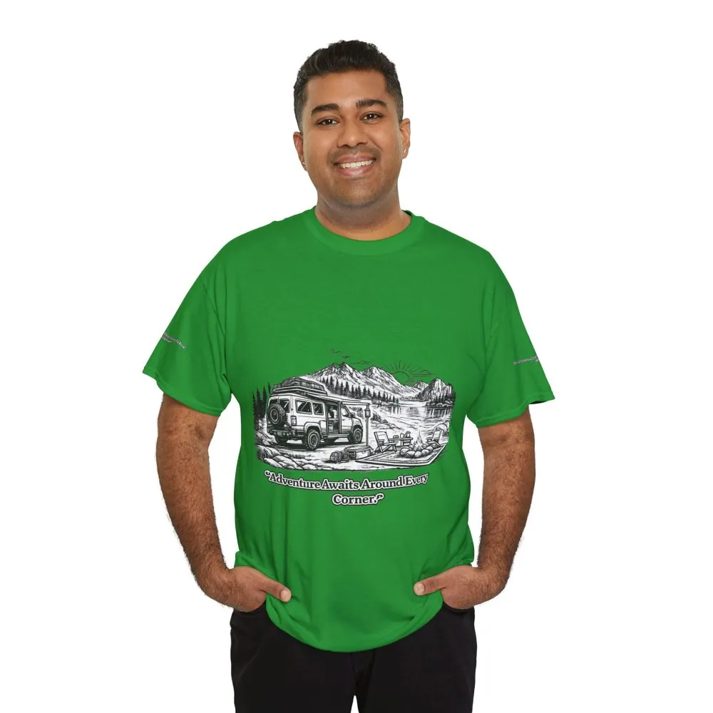 5479007549625943023_2048.jpeg Unisex Heavy Cotton Tee — "Adventure Awaits Around Every Corner" Design Minimal-Line