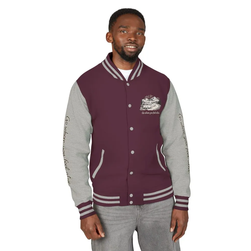 548576845314703957_2048.jpeg Unisex Heavyweight Letterman Jacket — "Go Where You Feel Alive" Travel Varsity Coat