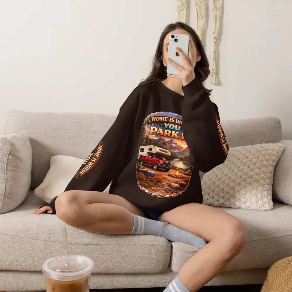 Unisex Heavy Blend™ Crewneck Sweatshirt — "Home Is Where You Park It" Design Scenic-Line