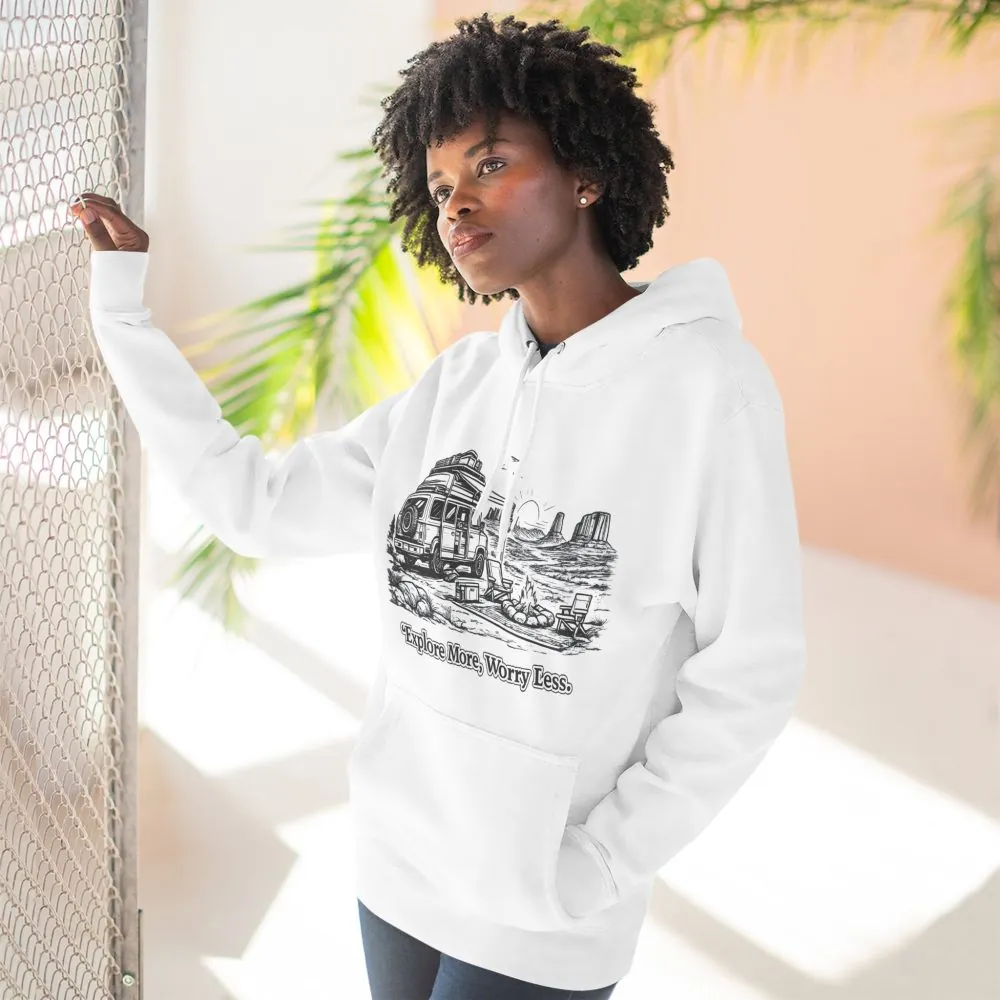 Three-Panel Fleece Hoodie - "Explore More Worry Less" Design Minimal-Line