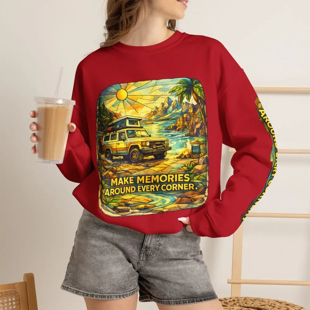 Unisex Heavy Blend™ Crewneck Sweatshirt — "Make Memories Around Every Corner" Design Cubic-Line