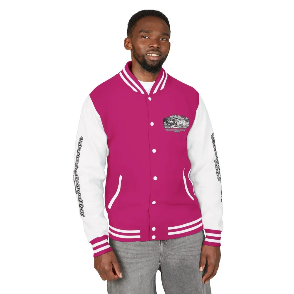 5548640974703127503_2048.jpeg Unisex Heavyweight Letterman Jacket — "Adventure Awaits Around Every Corner" Travel Varsity Coat