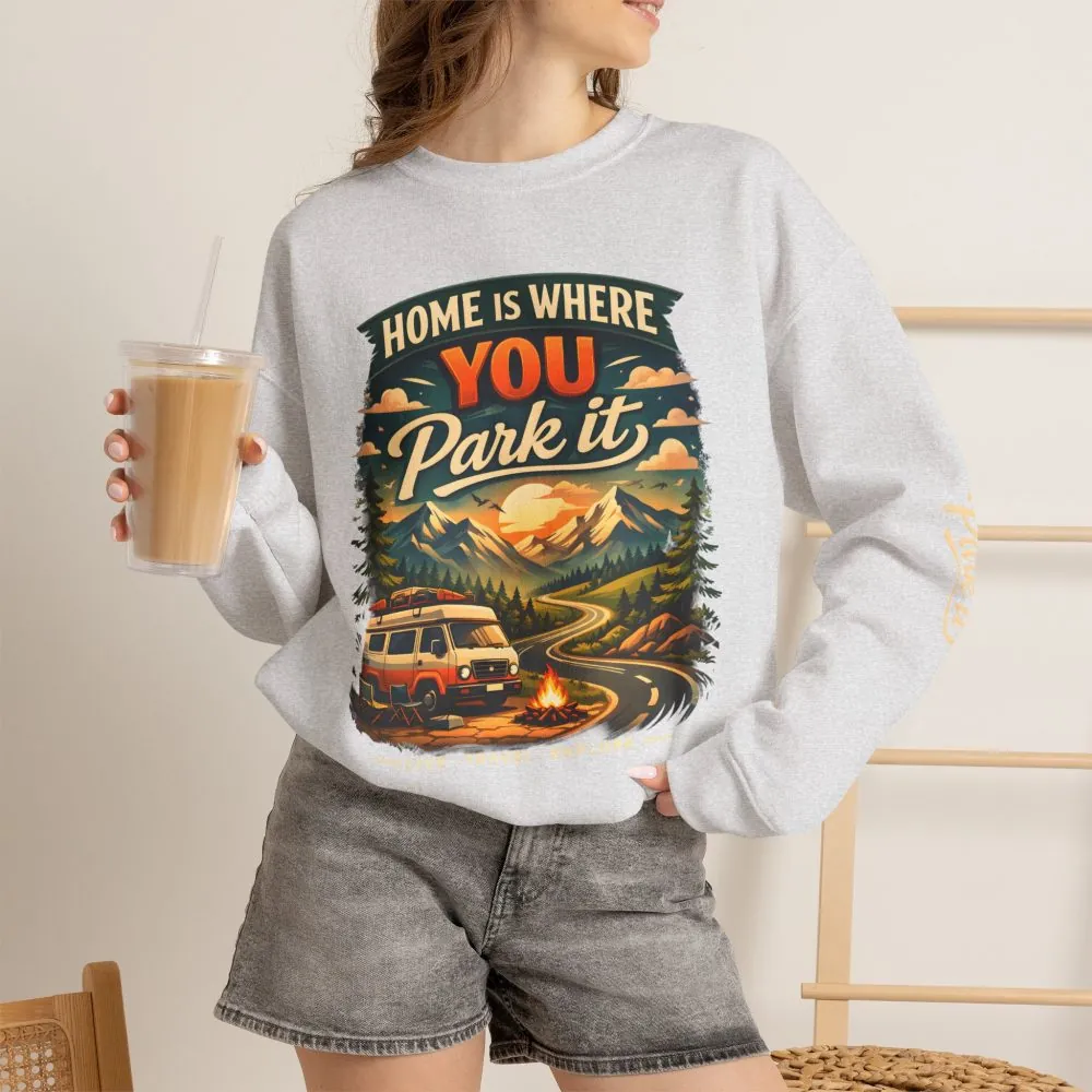 Unisex Heavy Blend™ Crewneck Sweatshirt — "Home Is Where You Park It" Design Scenic-Line