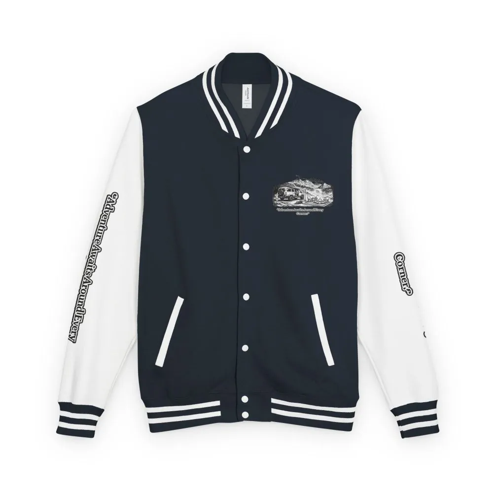 5622458698061760947_2048.jpeg Unisex Heavyweight Letterman Jacket — "Adventure Awaits Around Every Corner" Travel Varsity Coat