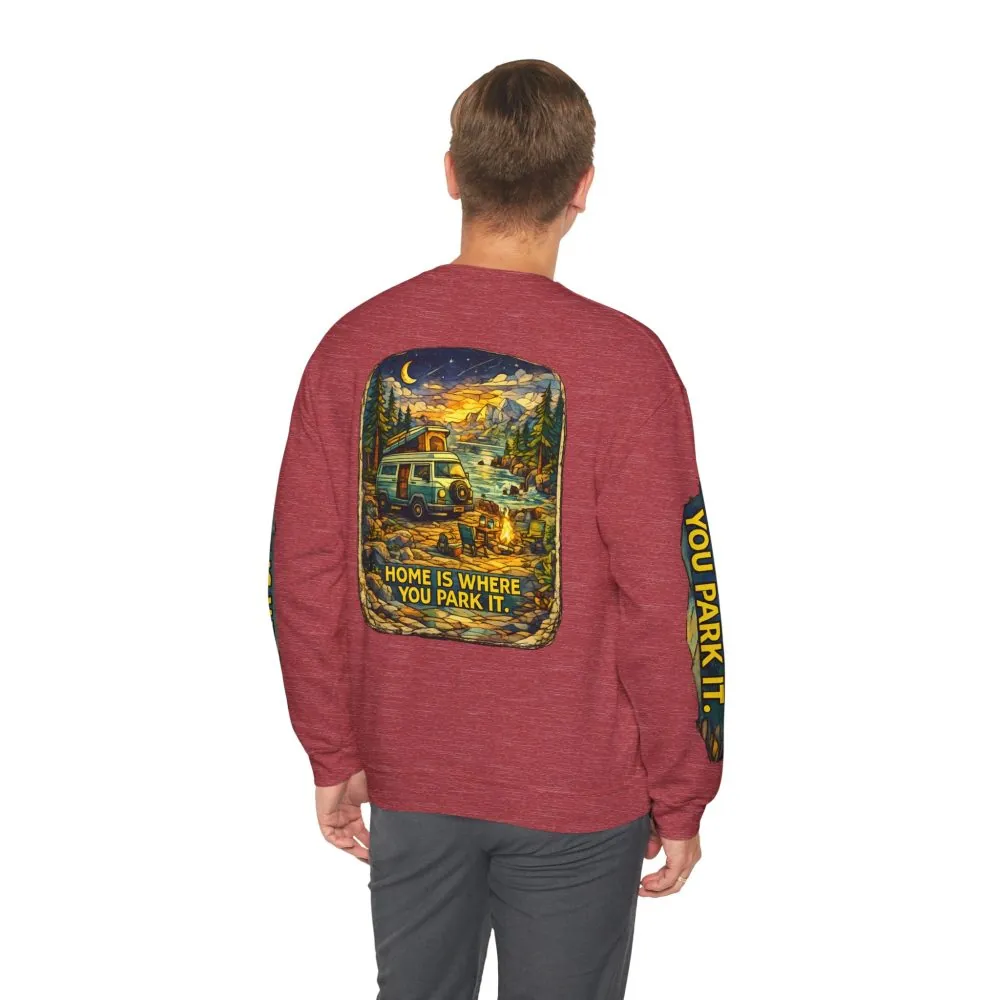 5626447883335201850_2048.jpeg Unisex Heavy Blend™ Crewneck Sweatshirt — "Home Is Where You Park It" Design Cubic-Line