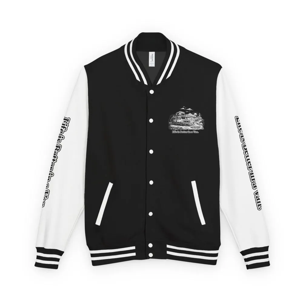 5629819296711624661_2048.jpeg Unisex Heavyweight Letterman Jacket — "Life Is Better In A Van" Travel Varsity Coat
