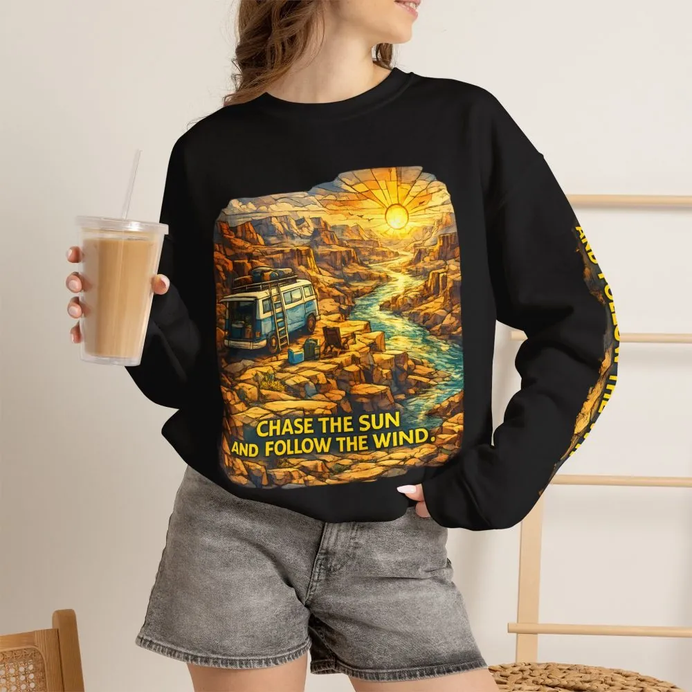 567027463276760385_2048.jpeg Unisex Heavy Blend™ Crewneck Sweatshirt — "Chase The Sun And Follow The Wind" Design Cubic-Line