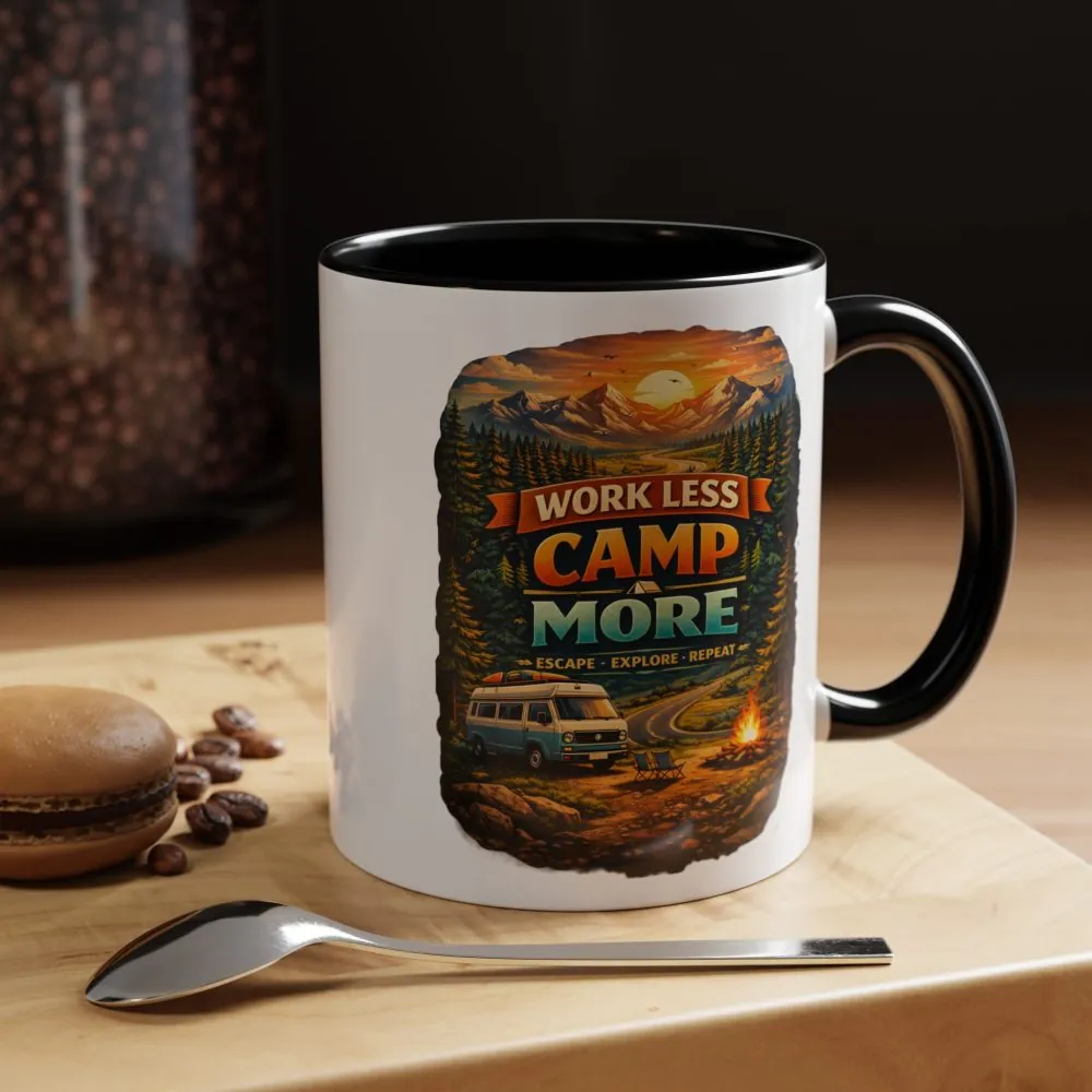 Accent Coffee Mug (11, 15oz) — "Work Less-Camp More" Design Scenic-Line