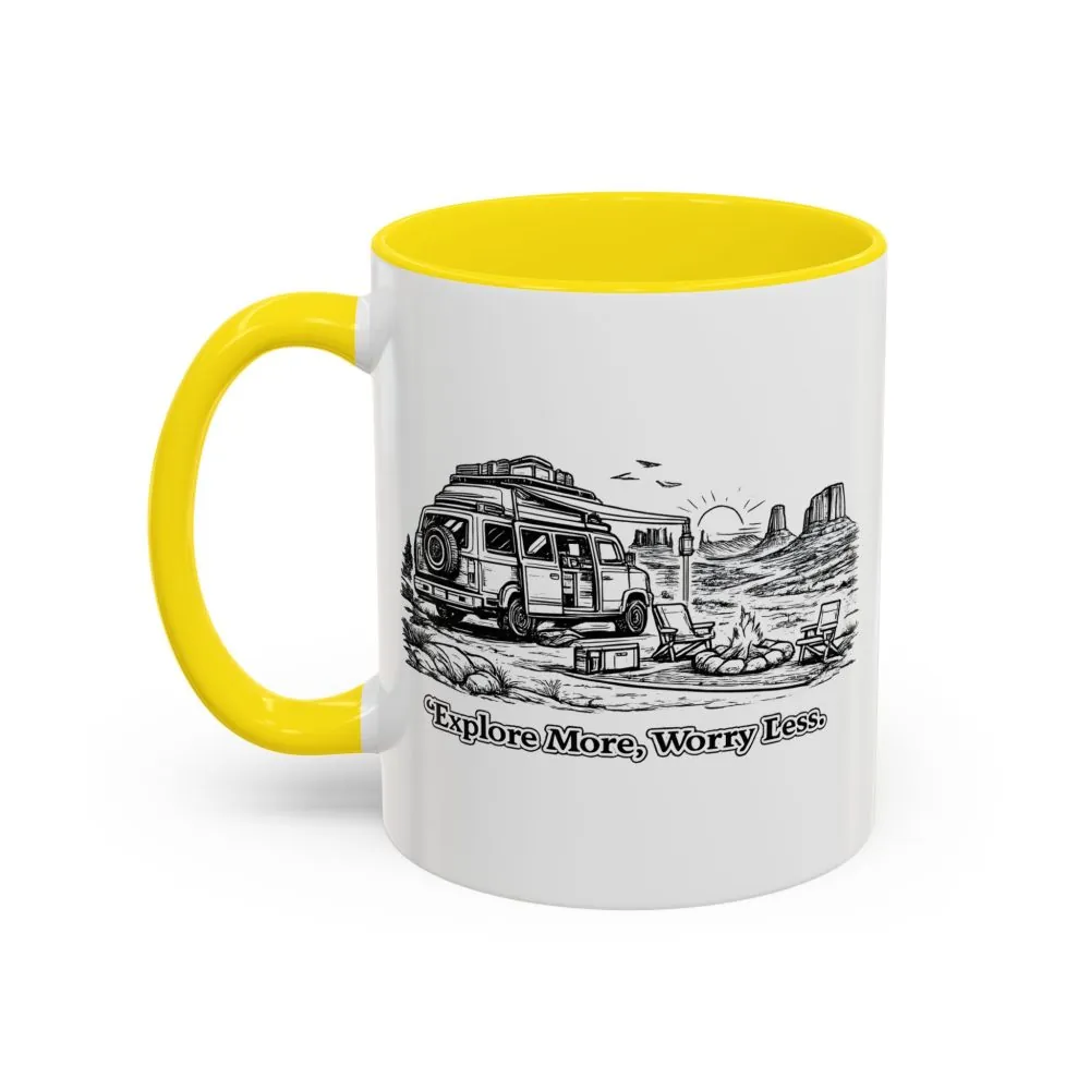 Accent Coffee Mug (11, 15oz) — "Explore More Worry Less" Design Minimal-Line