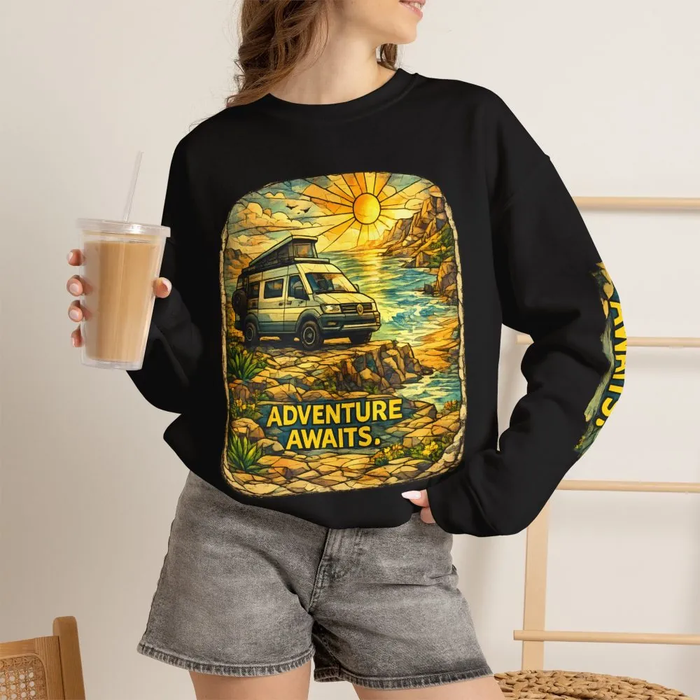 Unisex Heavy Blend™ Crewneck Sweatshirt — "Adventure Awaits" Design Cubic-Line