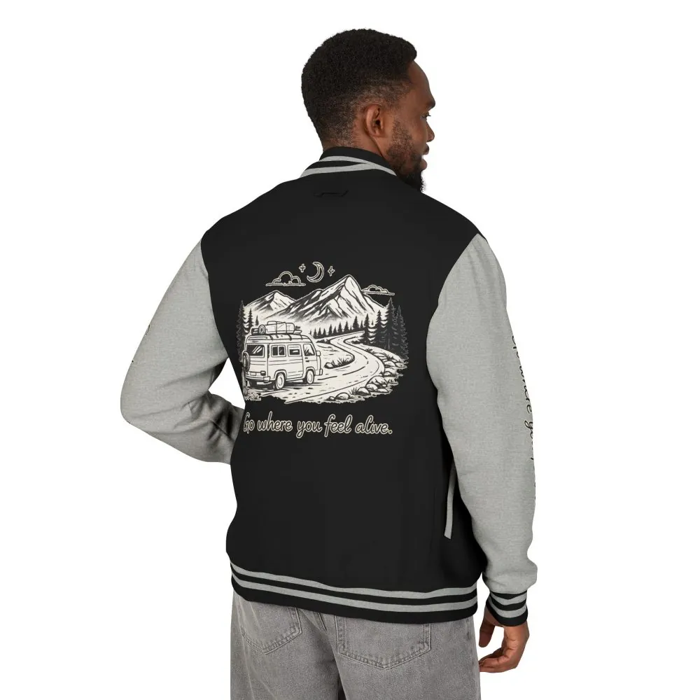 5695456003523478700_2048.jpeg Unisex Heavyweight Letterman Jacket — "Go Where You Feel Alive" Travel Varsity Coat