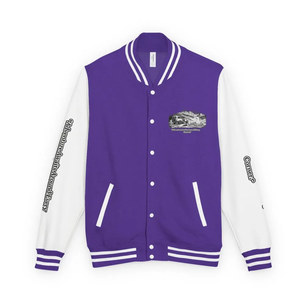 5753019099098460630_2048.jpeg Unisex Heavyweight Letterman Jacket — "Adventure Awaits Around Every Corner" Travel Varsity Coat