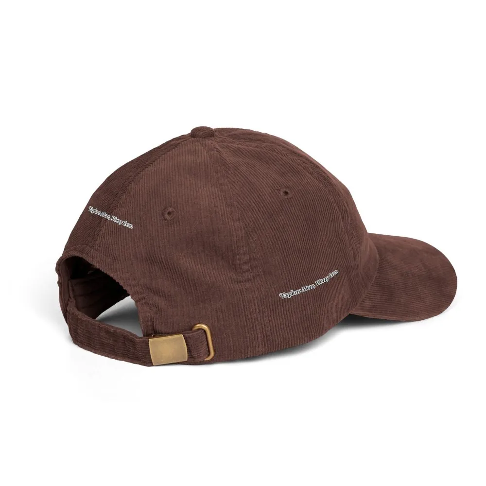 Vintage Corduroy Cap (Embroidery) — "Explore More Worry Less" Embroidered Hat