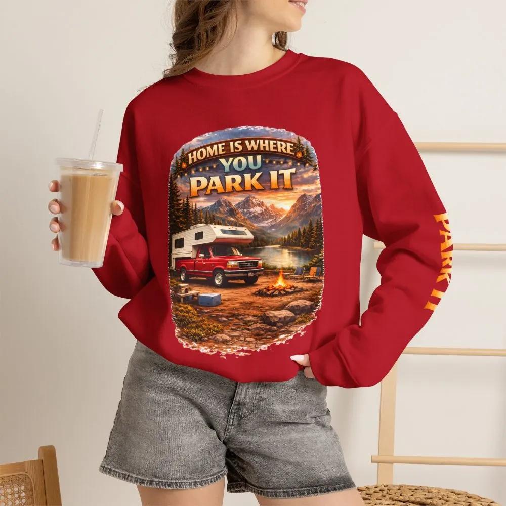 Unisex Heavy Blend™ Crewneck Sweatshirt — "Home Is Where You Park It" Design Scenic-Line