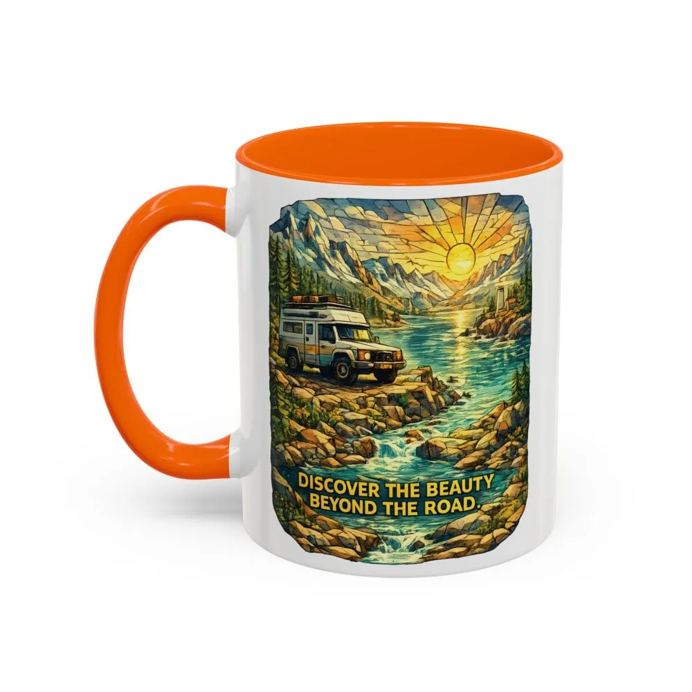 5825563880362302539_2048.jpeg Accent Coffee Mug (11, 15oz) — "Discover The Bieuty Beyond The Road" Design Cubic-Line