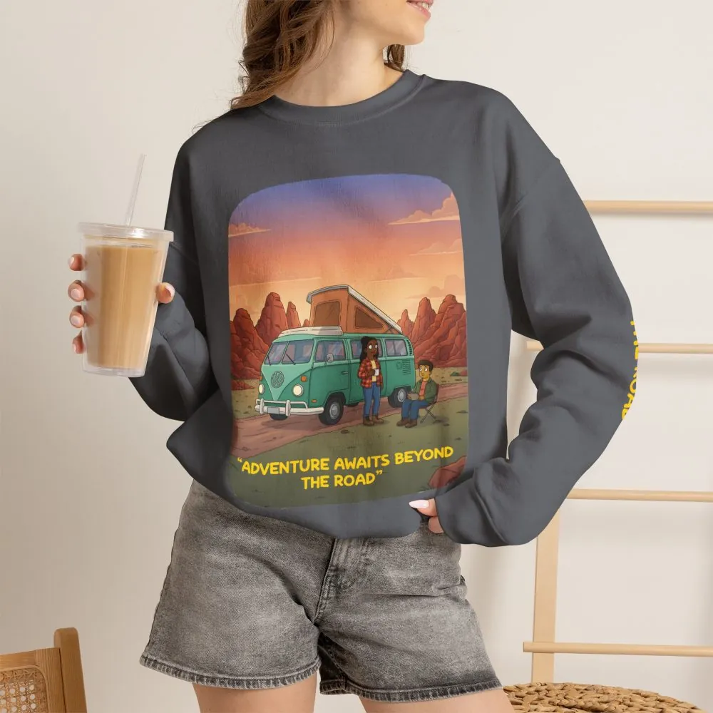 Unisex Heavy Blend™ Crewneck Sweatshirt — "Adventure Awaits Beyond The Road" Design Sitcom-Line
