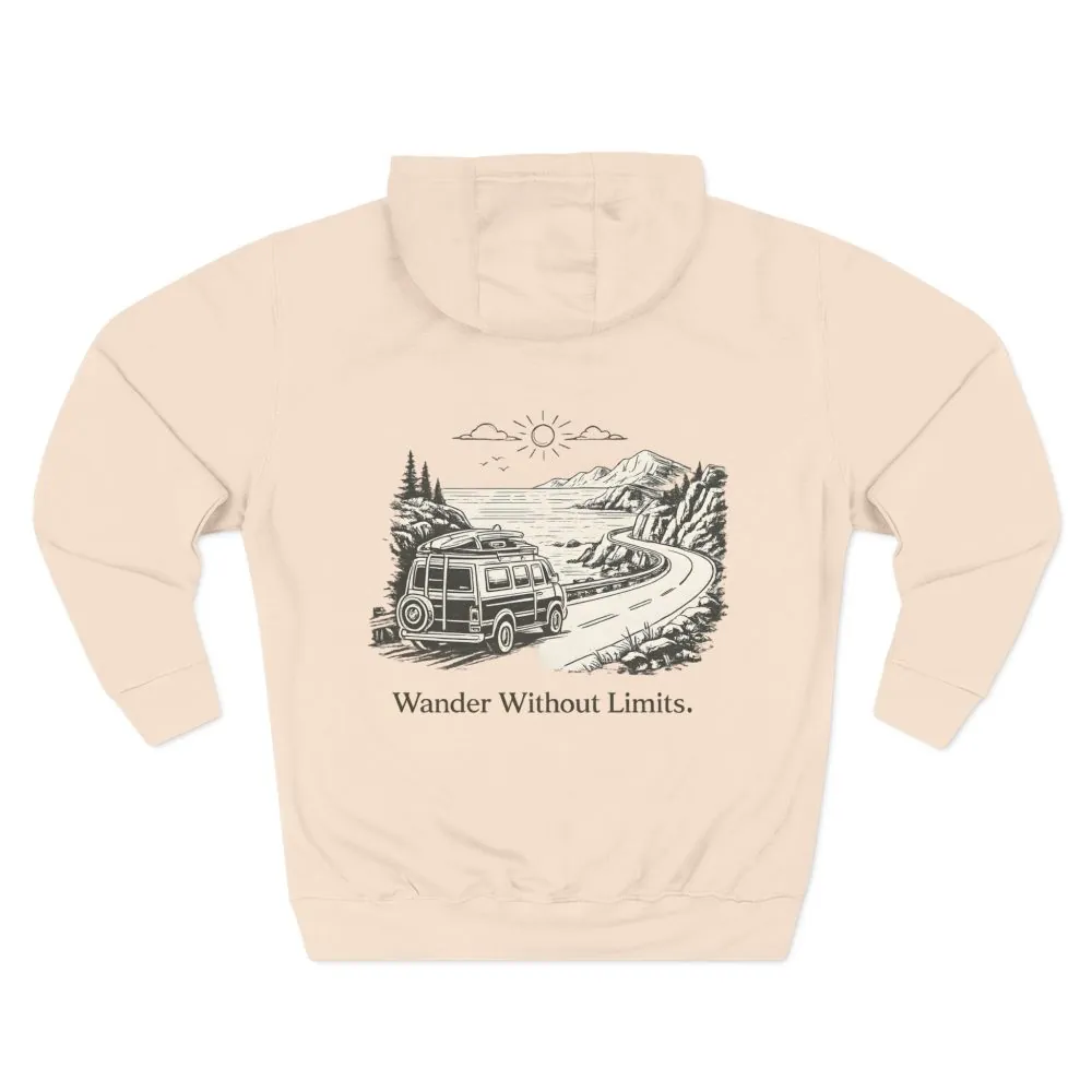 Three-Panel Fleece Hoodie - "Wander Without Limits" Design Minimal-Line