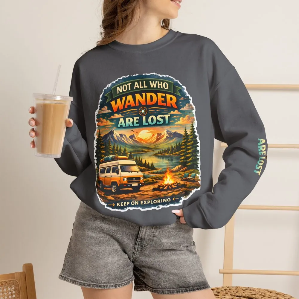 Unisex Heavy Blend™ Crewneck Sweatshirt — "Not All Who Wander Are Lost" Design Scenic-Line