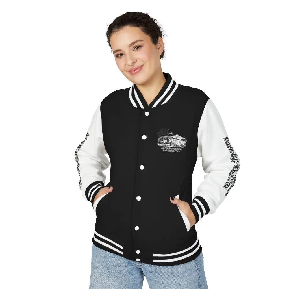 5944887143225472937_2048.jpeg Unisex Heavyweight Letterman Jacket — "Adventure Awaits,Pack Up The Van" Travel Varsity Coat