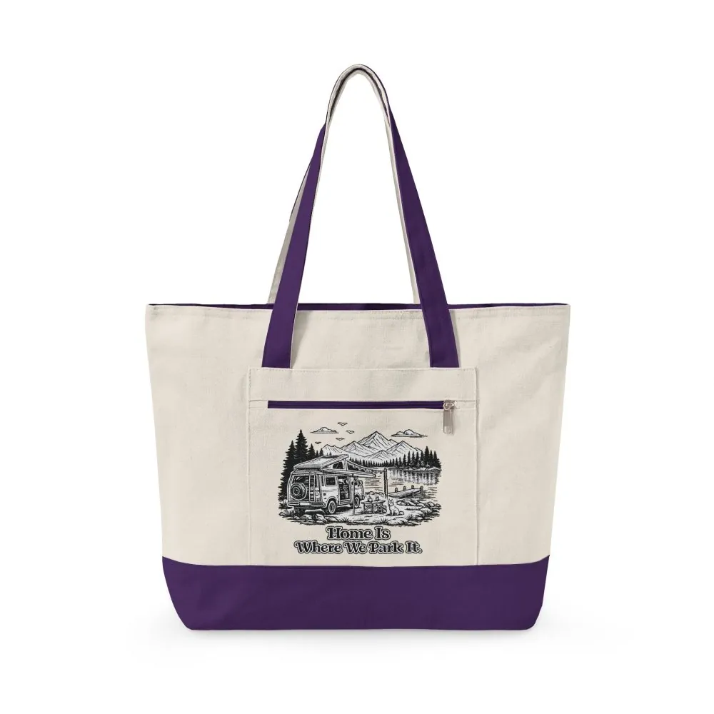 Zippered Canvas Tote — "Home Is Where You Park It" (Design Minimal-Line)
