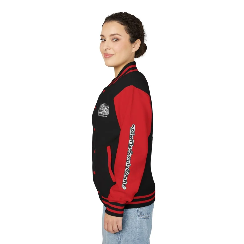596598463184113260_2048.jpeg Unisex Heavyweight Letterman Jacket — "Take The Scenic Route" Travel Varsity Coat