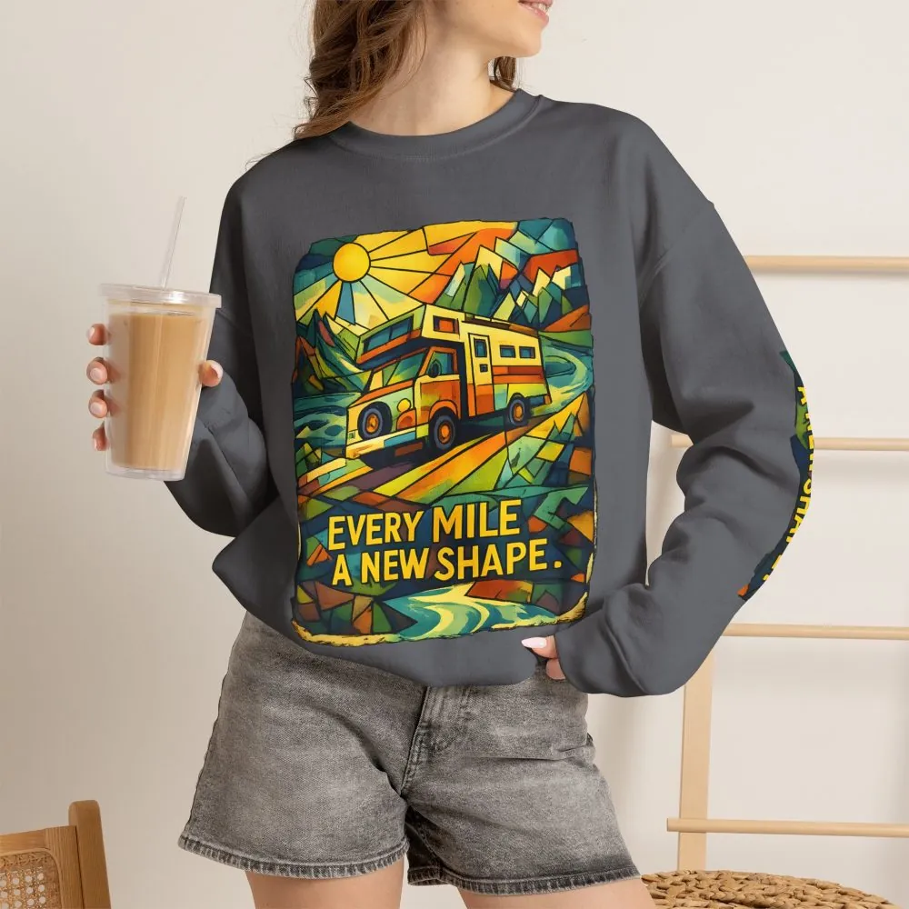 Unisex Heavy Blend™ Crewneck Sweatshirt — "Every Mile A New Shape" Design Cubic-Line