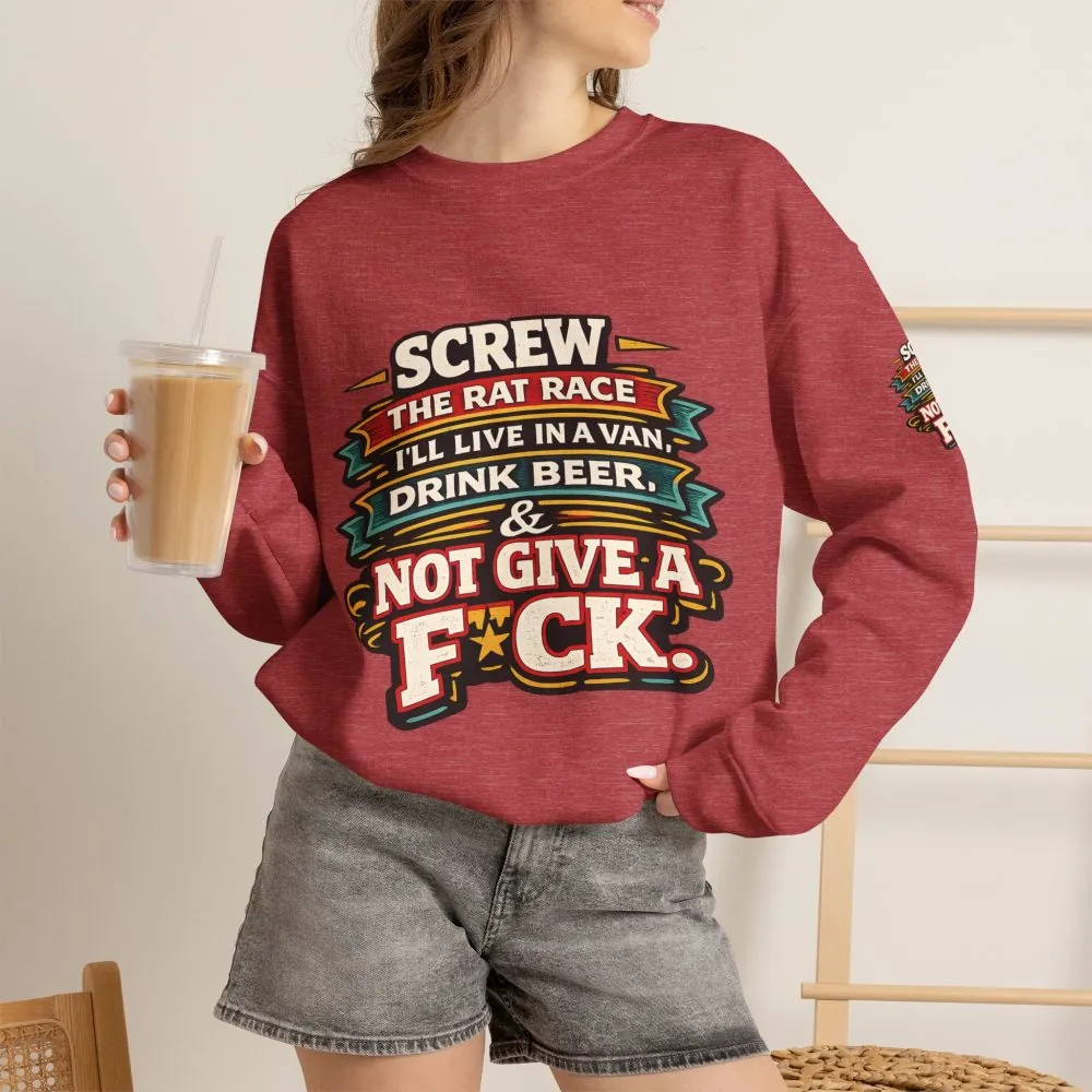 Unisex Heavy Blend™ Crewneck Sweatshirt — "Screw The Rat Race" Design F**K-Line