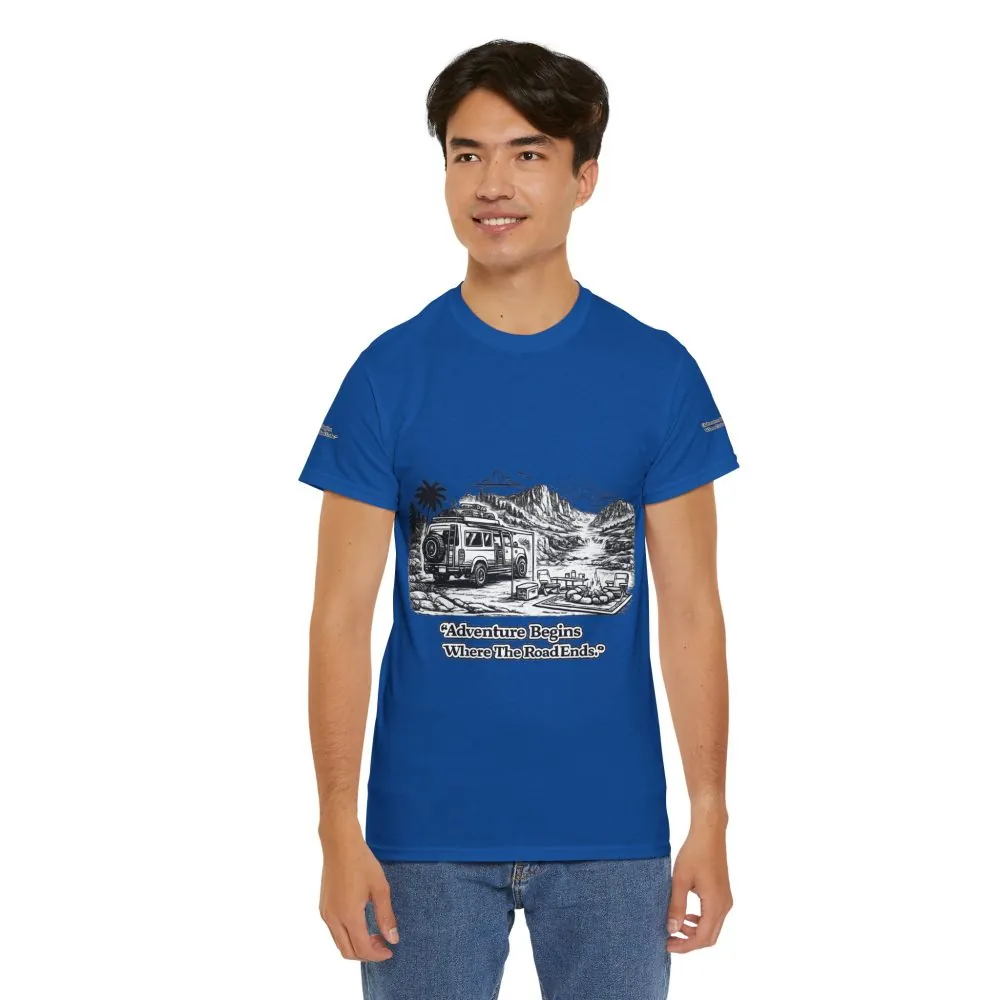 6011190733032504893_2048.jpeg Unisex Heavy Cotton Tee — "Adventure Begins Where The Road Ends" Design Minimal-Line