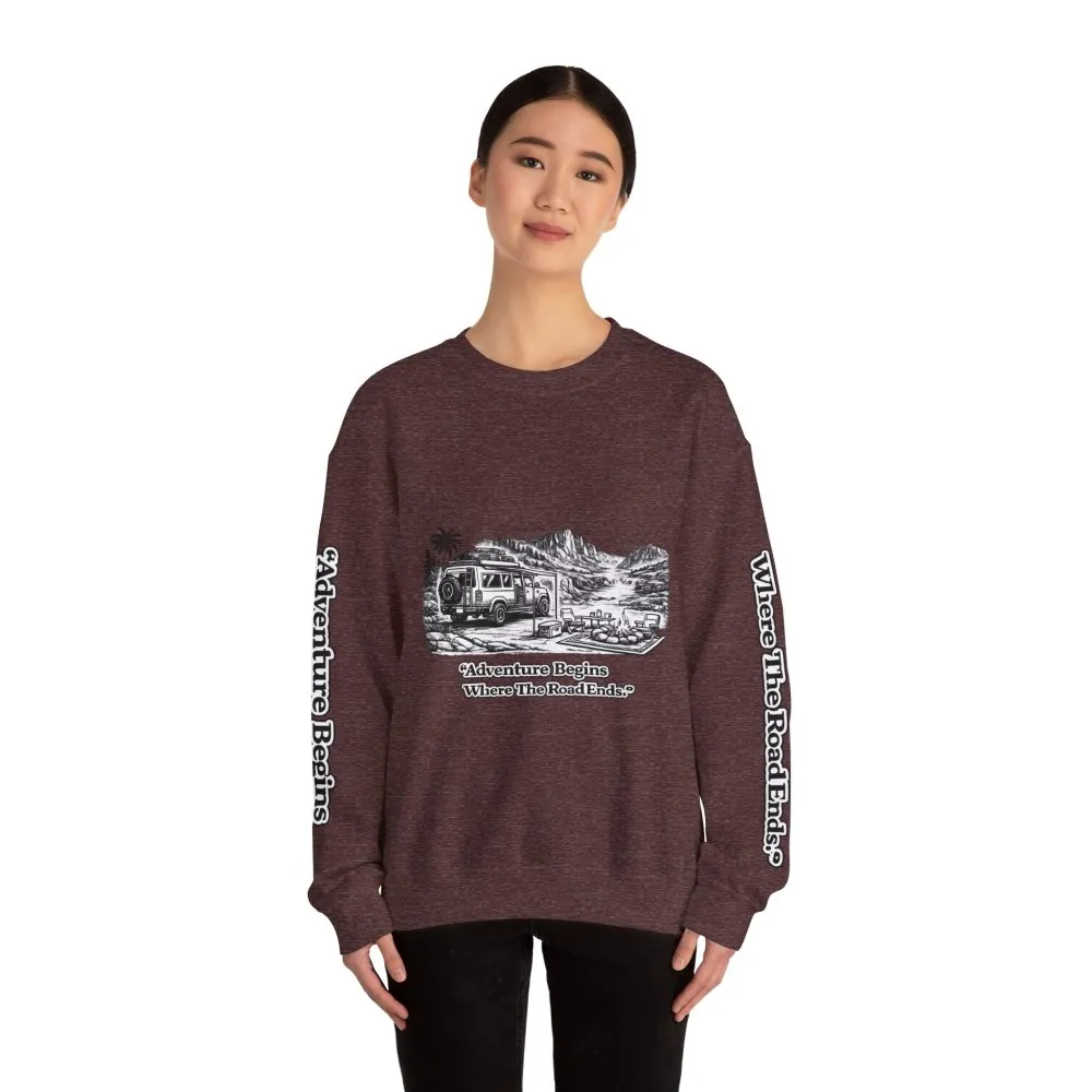 6030790380177374498_2048.jpeg Unisex Heavy Blend™ Crewneck Sweatshirt — "Adventure Begins Where The Road Ends" Design Minimal-Line